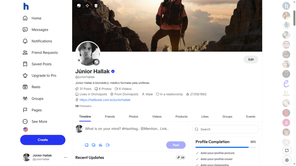 O perfil do Hallbook rede social do criador SEO
