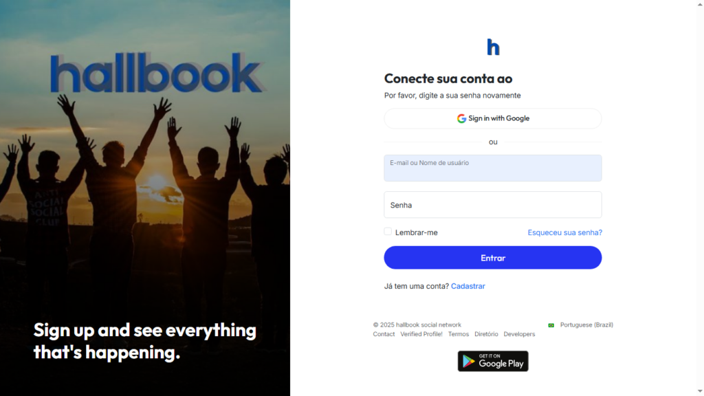 Página inicial da rede social brasileira hallbook
